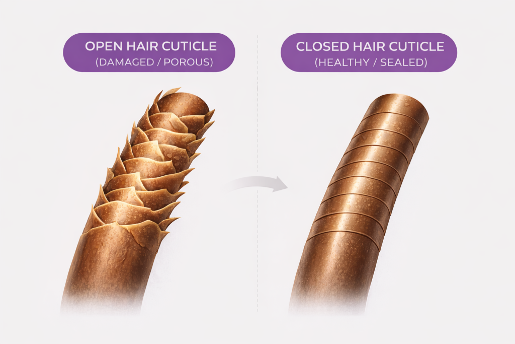 Hair cuticle diagram showing open cuticle versus cuticle sealed by a professional hair sealer