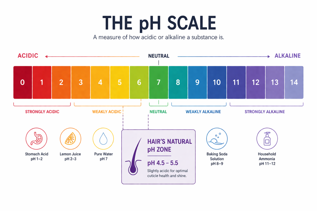 Hair pH scale showing the natural pH range of healthy hair and why pH balance matters